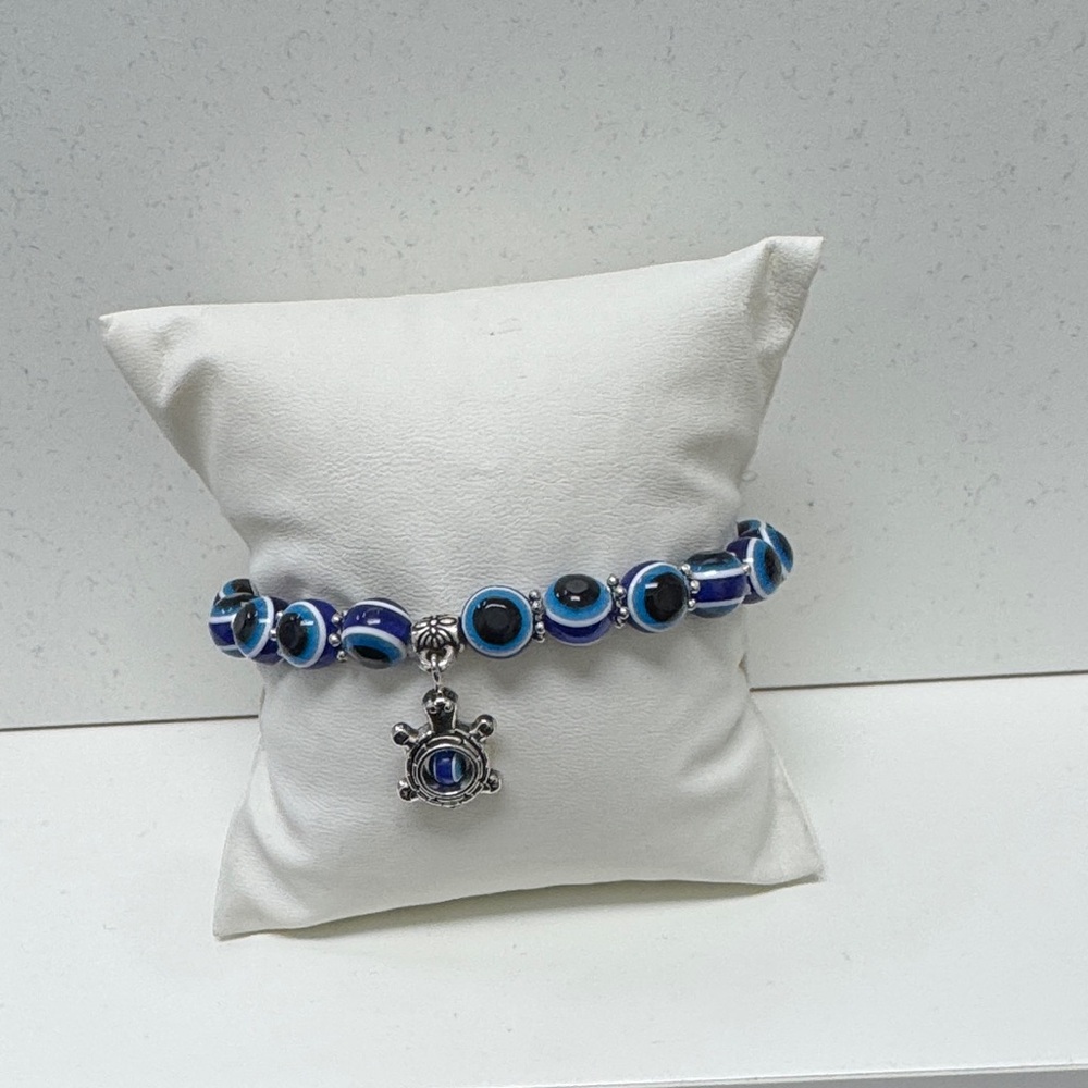 Blue and Silver color Beaded Bracelet with Turtle Charm